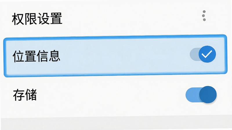 手机设置权限界面示意图,主体为Android系统设置页面,高亮显示“位置信息”和“存储”权限开关,布局清晰,排版标准系统风格,细节展示勾选状态,画质清晰,干净无多余元素,文字“权限设置”清晰可见