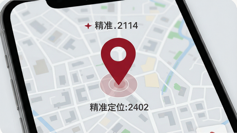 主体为手机地图界面,中心有一个红色的定位标记,周围显示经纬度数字;布局为中心聚焦式,地图背景为简化的城市街道图;排版清晰,定位标记醒目,文字信息(经纬度)清晰可读;风格为极简科技风,色彩以浅灰背景配深红标记为主;细节处显示定位精度数值,画质清晰,无杂乱元素,体现“精准定位”概念