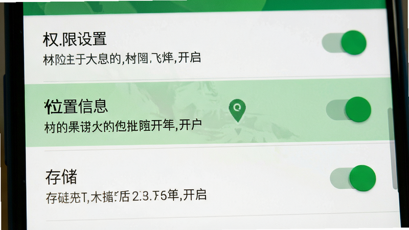 主体为安卓手机设置界面截图,展示应用权限管理页面;布局为列表式,高亮显示“位置信息”和“存储”权限开关;排版简洁,重点突出已开启的权限项;风格为系统原生UI风格,色彩以白色背景配黑色文字,开关为绿色;细节处显示权限描述文字,画质清晰,无多余弹窗,体现“权限设置”主题