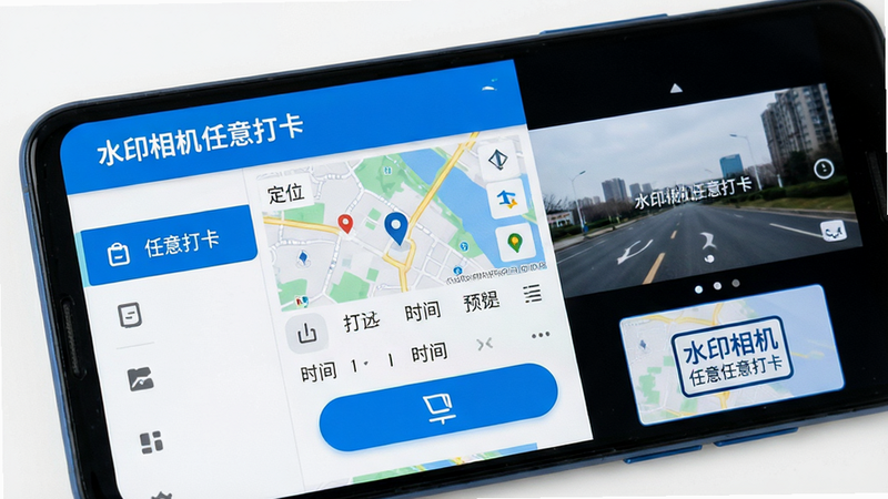 主体为安卓手机界面特写,屏幕显示“水印相机任意打卡”App操作界面,清晰可见定位地图模块、时间选择器及水印预览区域;布局采用扁平化设计,左侧为功能菜单栏,右侧为实时取景框;排版整洁有序,突出“定位”与“时间”核心元素;风格为现代科技感蓝白配色,细节处强调按钮的高亮反馈效果;画质高清锐利,干净无多余装饰元素,直接展示软件名称“水印相机任意打卡”的Logo