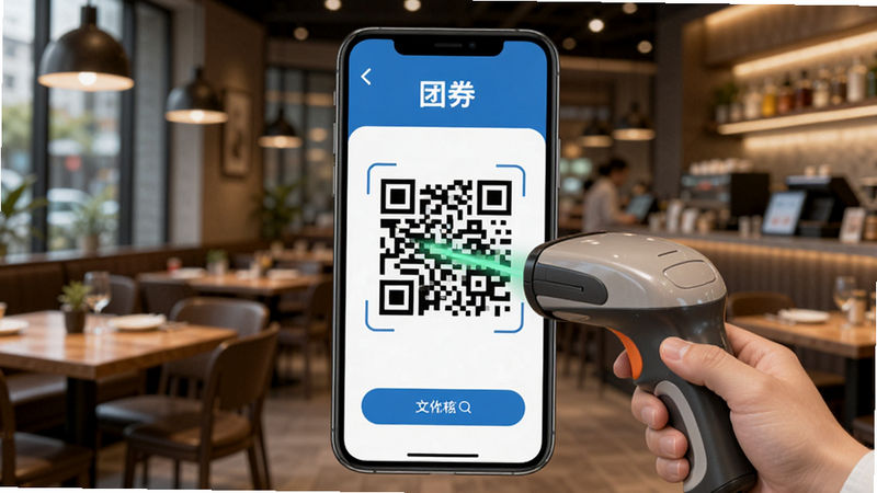 软件名称“团券”核销场景插图,主体为手机屏幕显示动态二维码,布局居中,背景为餐厅环境,风格写实,细节展示扫码枪或商户手机扫描动作,高清画质,干净无多余元素
