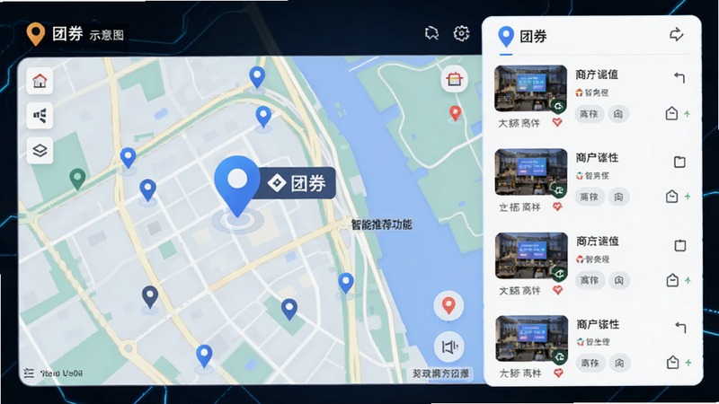 软件名称“团券”智能推荐功能示意图,主体为地图界面与商户列表结合,布局左侧地图右侧列表,排版整齐,风格科技感与生活感结合,细节展示定位图标和距离标识,高清画质,干净无多余元素