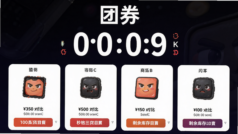 软件名称“团券”秒杀活动页面设计,主体为倒计时器和商品卡片,布局紧凑,风格热烈醒目,细节展示价格对比和剩余库存,高清画质,干净无多余元素