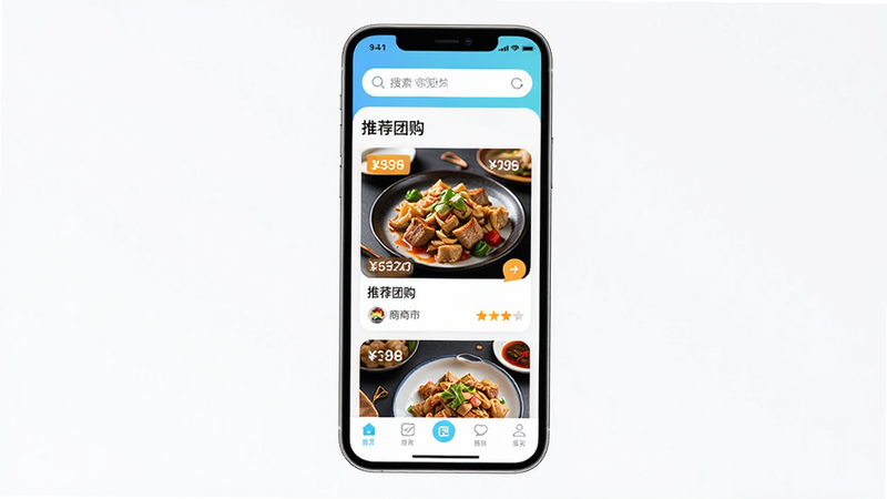 软件名称“团券”APP界面全景预览,主体为手机屏幕显示首页,布局清晰,顶部为搜索栏,中部为推荐团购卡片,包含美食图片、价格标签和商户评分,底部为导航栏,风格现代简约,色彩清新明亮,细节丰富,高清画质,干净无多余元素