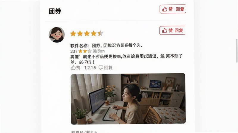 软件名称“团券”用户评价界面预览,主体为评价列表,布局纵向滚动,排版包含用户头像、星级评分、文字内容和实拍图,风格亲切自然,细节展示点赞和回复按钮,高清画质,干净无多余元素