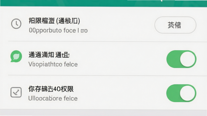 手机设置界面示意图,主体为权限管理页面,布局列表式,风格系统原生,细节展示位置、通知、存储权限开关,高清画质,干净无多余元素