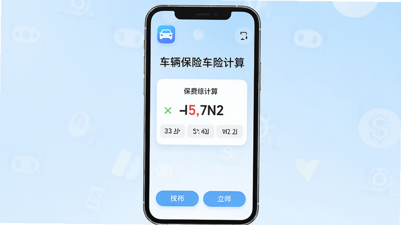 主体为一部现代智能手机,屏幕中央显示'车辆保险车险计算'应用界面,背景为柔和的浅蓝色渐变,布局简洁,顶部有应用图标,中部为保费计算结果卡片,底部有操作按钮,风格为扁平化设计,细节清晰,高清,干净,无多余元素