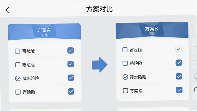 主体为应用内的'方案对比'页面,屏幕左侧显示方案A,右侧显示方案B,中间有对比箭头,背景为浅灰色,布局对称,排版清晰,风格商务简约,细节展示不同险种的勾选状态,高清,干净,无多余元素
