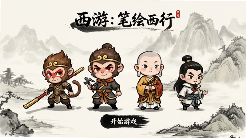 主体为《西游:笔绘西行》游戏主界面,布局居中展示孙悟空、唐僧等Q版水墨风格角色立绘,背景为淡雅的水墨山水画,排版整洁,风格为中国传统水墨画结合现代UI设计,细节处可见毛笔笔触质感,画质高清,干净,无多余元素,文字标签包含