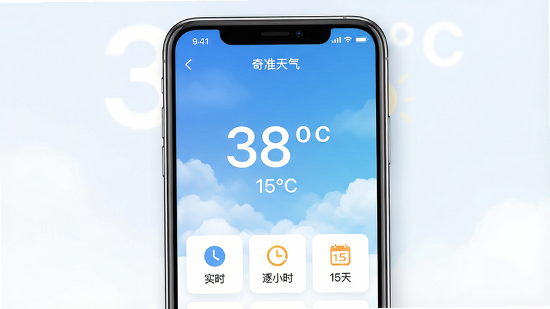 一张高清手机界面展示图,主体为“奇准天气”APP启动后的首页界面,背景为清新的蓝天白云渐变,中间是大号数字温度显示,下方排列着“实时”、“逐小时”、“15天”三个核心功能图标,界面风格简洁现代,无多余装饰,白色主色调,字体清晰,4k分辨率,UI设计展示