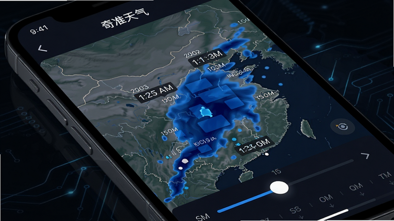 手机屏幕特写,显示“奇准天气”APP的降雨雷达地图界面,地图上覆盖着动态的雨云图层,雨云呈深蓝色块状,周围标注着具体的降雨时间倒计时,界面底部有简洁的时间轴滑动条,背景为深色模式,科技感强,高清细腻,UI细节丰富