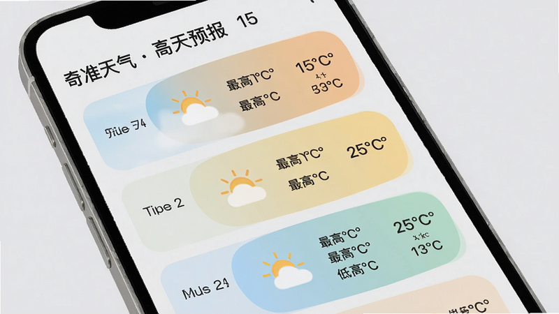 手机界面展示“奇准天气”的15天天气预报列表,每一行显示日期、天气图标、最高温、最低温,界面采用卡片式设计,边缘圆润,色彩柔和,背景为浅灰色,文字清晰易读,布局整齐,无广告干扰,高质量UI截图