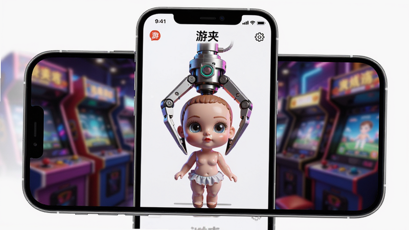 主体为手机屏幕展示游夹APP界面,布局清晰简洁,中央显示一个3D娃娃模型被机械爪精准夹住,背景为模糊的电玩城霓虹灯光,风格为现代科技感,细节丰富,画质高清,干净,无多余元素,文字标签显示