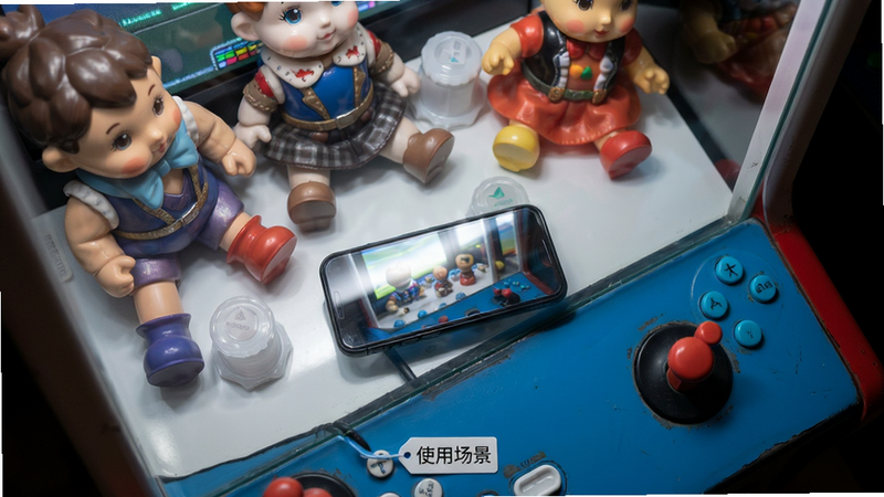 主体为手机放置在电玩柜前的场景,布局为俯视视角,显示手机屏幕与娃娃柜玻璃的相对位置,风格为写实摄影,细节真实,画质高清,干净,无多余元素,文字标签显示