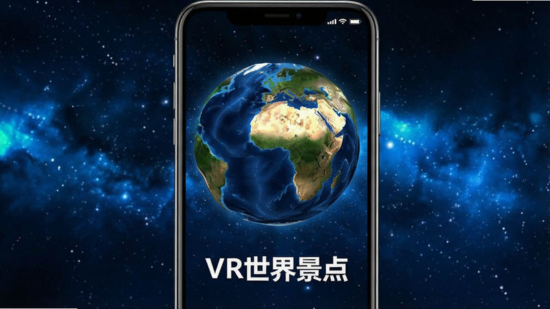 一张高清手机界面截图,主体为“VR世界景点”APP启动页,屏幕中央展示一个巨大的3D地球模型,背景是深蓝色星空,界面下方有清晰的白色“VR世界景点”Logo,整体风格科技感强,布局简洁,画质清晰,无多余元素