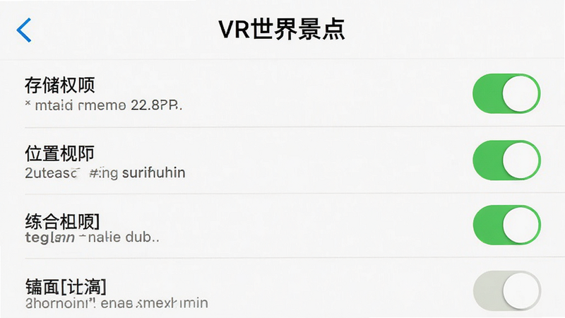 手机设置界面截图,显示“VR世界景点”的权限设置页面,包括存储权限、位置权限等开关,界面风格简洁,文字清晰,背景为白色,无多余装饰,高清矢量风格