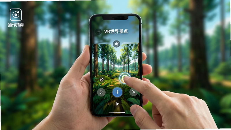 一只手拿着智能手机,屏幕上显示“VR世界景点”的操控界面,手指正在滑动屏幕,背景是模糊的虚拟全景森林,界面左上角显示“操作指南”图标,风格现代简约,色彩明亮,细节丰富,高清画质