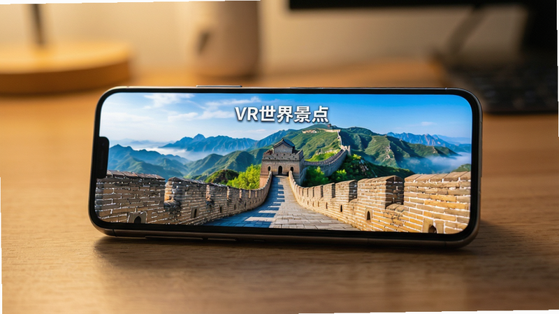 一部高端智能手机平放在桌面上,屏幕显示“VR世界景点”中的长城全景画面,色彩鲜艳,细节丰富,周围光线柔和,背景模糊,突出屏幕内容,摄影风格,高清晰度