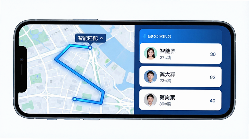 主体为手机屏幕展示的智能匹配界面,布局左侧为地图路线轨迹,右侧为乘客列表卡片,排版左右分栏,风格科技感蓝色调,细节包含路线高亮、乘客头像与距离标识,画质清晰,干净,无多余元素,文字显示为“智能匹配”