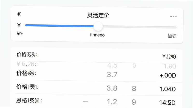 主体为定价设置页面,布局上方为滑条调节器,下方为价格明细列表,排版上下结构,风格简约白色背景,细节包含货币符号、数字键盘,画质清晰,干净,无多余元素,文字显示为“灵活定价”