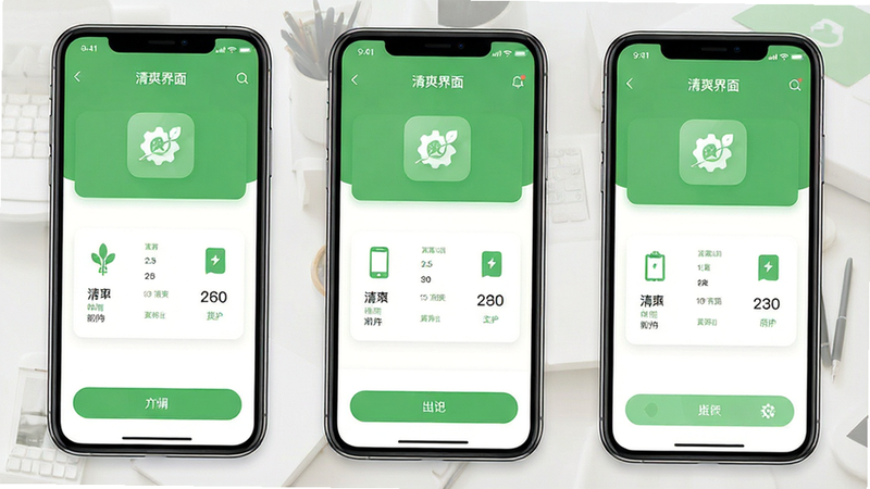 主体为APP主界面全景,布局无杂乱元素,仅保留核心功能按钮,排版宽松舒适,风格清新绿色调,细节包含空白留白、简洁图标,画质高分辨率,干净,无多余元素,文字显示为“清爽界面”