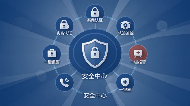 主体为安全中心界面,布局中央为盾牌图标,周围环绕实名认证、轨迹追踪、一键报警等图标,排版中心辐射状,风格稳重深蓝色,细节包含锁形图标、电话图标,画质高清,干净,无多余元素,文字显示为“安全中心”
