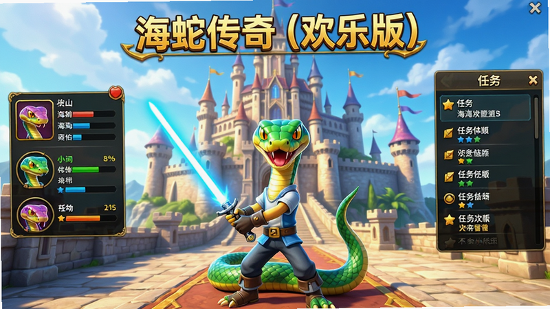 海蛇传奇(欢乐版)游戏主界面全景图,中心显示角色手持光剑,背景为宏伟的玛法大陆城堡,左侧显示角色属性面板,右侧显示任务列表,顶部有金色标题