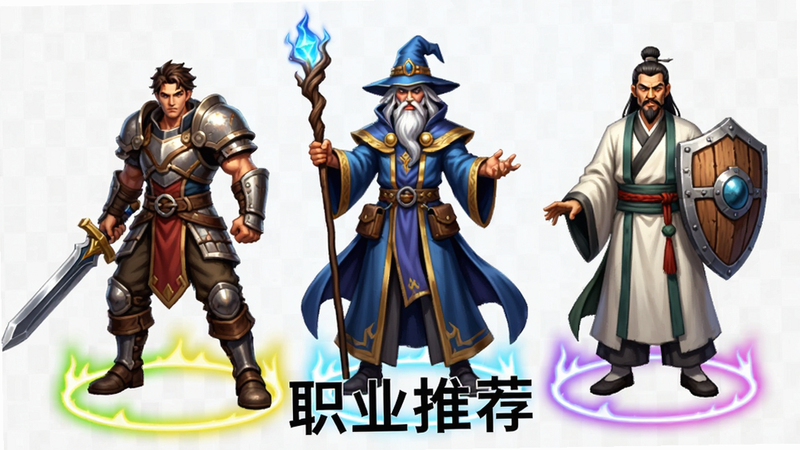 三个游戏角色并排站立,分别是持剑的战士、持杖的法师和持盾的道士,脚下有光环,背景为透明或淡色,文字