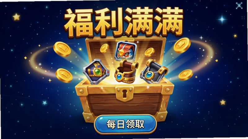 海蛇传奇(欢乐版)福利领取界面,中央是一个打开的宝箱,飞出金币和装备图标,周围环绕着光晕,下方有按钮文字