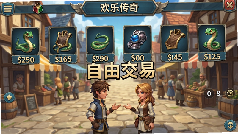 海蛇传奇(欢乐版)交易行界面,显示多个装备图标和价格标签,背景是繁华的城镇街道,两个角色正在交谈,文字