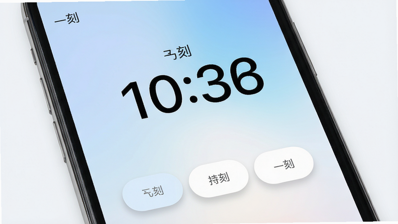 主体为手机屏幕界面,显示极简风格的时间记录应用,界面中央有大号数字时钟,下方有三个简洁按钮,背景为柔和渐变蓝白色,布局居中对称,排版清晰,风格现代扁平化,细节包含细微阴影效果,画质高清,干净无多余元素,文字显示为