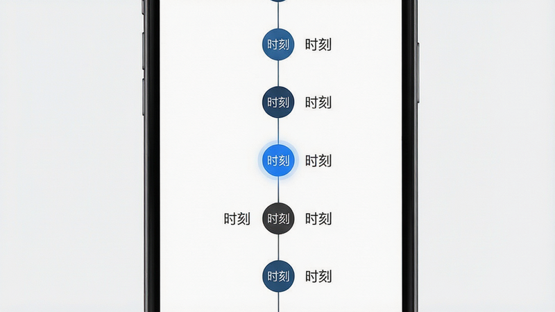 主体为手机应用界面,展示垂直时间轴布局,节点为圆形图标,连接线为细线,每个节点旁有简短文字占位符,背景纯白,布局垂直居中,排版紧凑有序,风格极简主义,细节包含蓝色高亮当前节点,画质清晰,干净,无多余装饰,文字显示为