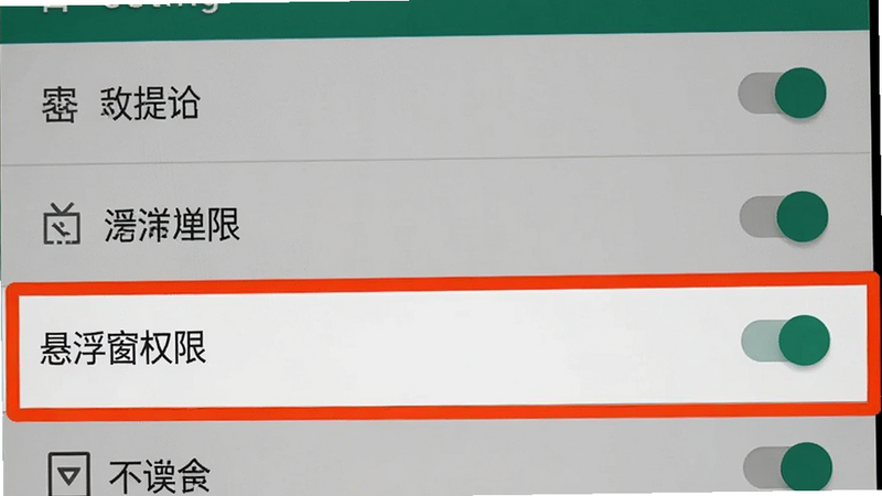展示安卓手机设置界面,重点高亮“悬浮窗权限”选项。主体为设置菜单列表,布局垂直排列。风格为系统原生UI,细节展示开关按钮的开启状态,画质清晰,干净,无多余元素。