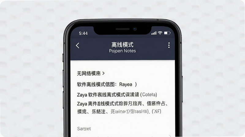 Zaya 软件离线模式示意图,显示手机在无网络状态下打开笔记界面,界面顶部显示“离线模式”标识,内容清晰可读,背景简洁,突出离线可用性,高清