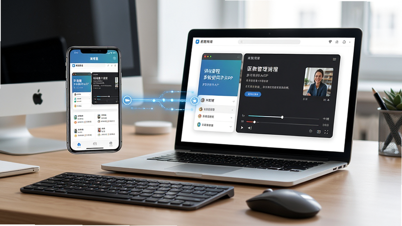 ҽ�̹���APP���豸ͬ��ʾ��ͼ������Ϊ�ֻ���ʼǱ����Բ���չʾ������Ϊ�칫���������������ֻ���Ļ�������Ļ��ʾ��ͬ�Ŀγ̲��Ž��棬�Ű�ǿ����������ʾ������ͬ�������Ϊдʵ��Ӱ�磬ϸ�ڰ�����������꣬���ʱ��棬�ɾ����޶���Ԫ��