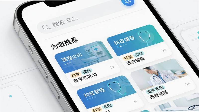 ҽ�̹���APP���Ի��Ƽ����棬����Ϊ�ֻ���Ļ������Ϊ��ɫ����磬�����Ϸ�Ϊ���������·�Ϊ��Ϊ���Ƽ���ģ�飬�Ű��������״��Ƭ��ƣ����Ϊ�Ƽ�����ҽ�Ƹн�ϣ�ϸ����ʾ��ͬ���ҵĿγ̱�ǩ�����ʸ߱��棬�ɾ����޶���Ԫ��