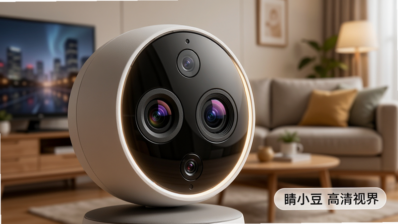 主体为睛小豆摄像头硬件特写,双镜头结构清晰可见,镜头周围有柔和的光晕效果,背景为模糊的家庭客厅场景,突出设备的科技感与家庭温馨感的融合,文字标签“睛小豆高清视界”位于画面右下角,风格写实,细节丰富