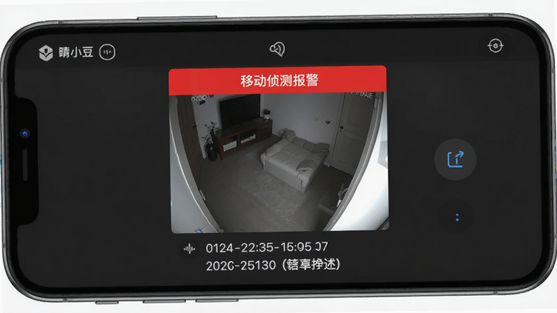 主体为睛小豆APP的报警通知界面,手机屏幕中央显示一张清晰的移动侦测抓拍照片,上方红色警示条显示“移动侦测报警”,下方列出时间戳与事件描述,背景为深灰色模式,突出警报信息的醒目性,排版紧凑有序,无其他干扰元素