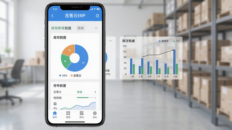 吉客云ERP进销存安卓应用界面全景展示,主体为手机屏幕,布局清晰,顶部显示应用名称,中间为库存数据仪表盘,包含饼图与柱状图,底部为功能导航栏,风格扁平化,细节精致,高清画质,无多余元素