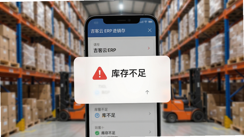 吉客云ERP进销存库存预警界面示意图,主体为手机弹窗通知,背景为模糊的仓库场景,布局聚焦于红色警示图标与文字“库存不足”,风格简洁现代,细节清晰,高清画质,干净无杂乱