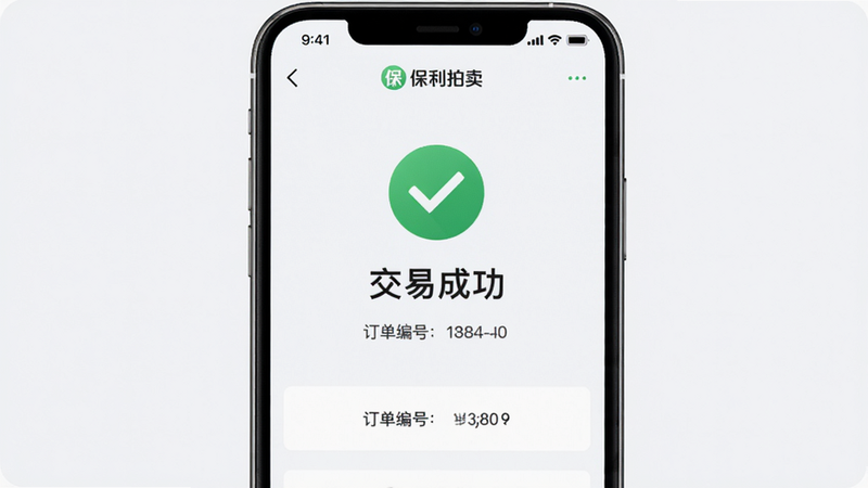 “保利拍卖”APP支付成功界面图,主体为绿色对勾图标和“交易成功”文字,布局居中,背景为浅白色,风格简洁安心,细节包含订单编号显示,画质高清,干净无多余元素
