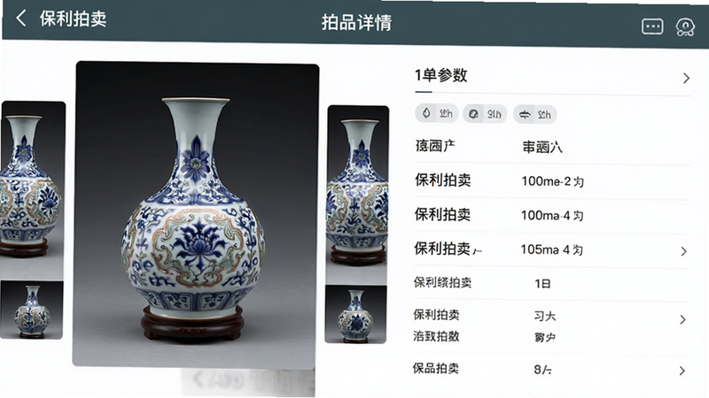 “保利拍卖”APP内的拍品详情页界面图,主体为一件精美瓷器的多角度展示,布局包含左侧图片轮播和右侧详细参数文字,风格专业严谨,细节清晰,画质极高,干净无杂质