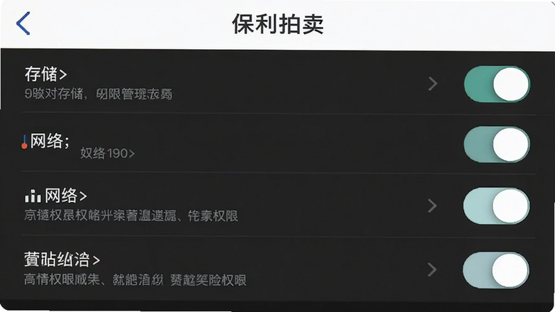 “保利拍卖”APP设置界面示意图,主体为权限管理列表,布局清晰,显示存储、网络等权限开关,风格简洁直观,细节包括权限说明文字,画质高清,干净无多余元素