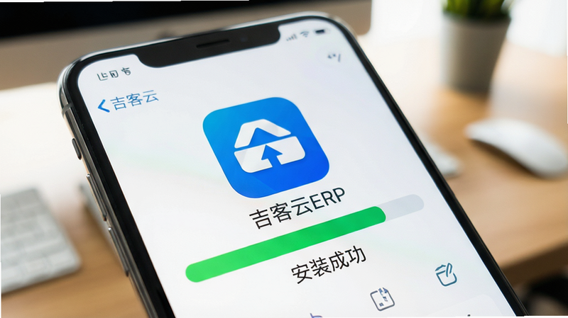 手机屏幕特写,显示吉客云ERP进销存App的安装界面,进度条已满,显示