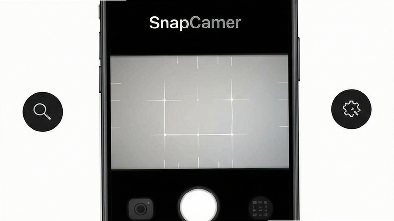 主体为SnapCamer应用界面预览图,布局简洁,中央显示相机取景框,周围环绕简洁的功能按钮,风格现代极简,细节清晰,画质高清,干净,无多余元素,文字“SnapCamer”清晰可见