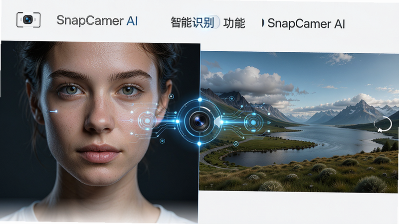 展示SnapCamer智能识别功能的示意图,画面分为人像模式和风景模式两部分,左侧为人像特写,右侧为风景全景,中间有连接线条表示智能切换,风格科技感,细节丰富,画质高清,干净,无多余元素,文字“SnapCamer AI”