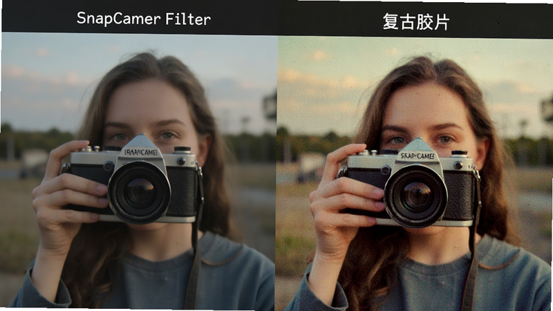 SnapCamer滤镜效果对比图,左侧为原图,右侧为应用“复古胶片”滤镜后的效果,色彩浓郁,颗粒感细腻,风格怀旧,细节保留完整,画质高清,干净,无多余元素,文字“SnapCamer Filter”