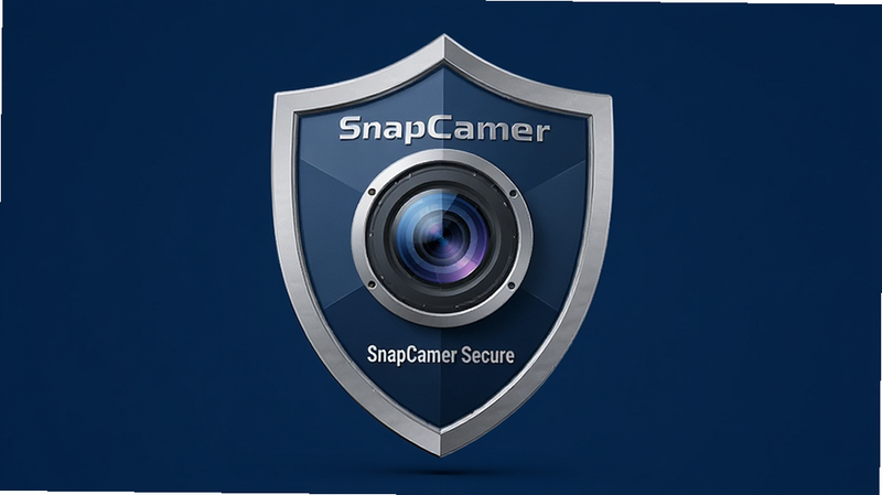 展示SnapCamer安全认证标志,盾牌图标中间带有相机镜头,背景为深蓝色,风格专业,细节精致,画质高清,干净,无多余元素,文字“SnapCamer Secure”