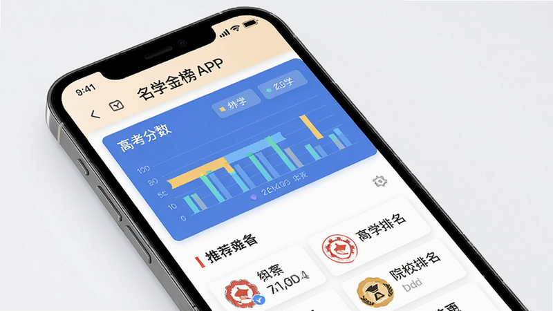 主体为手机屏幕显示名学金榜APP界面,布局清晰分为数据图表区与推荐列表区,排版采用简洁现代风格,细节包含高考分数条、院校排名图标,风格为扁平化UI设计,画质高清,干净无多余元素,文字标注“名学金榜”