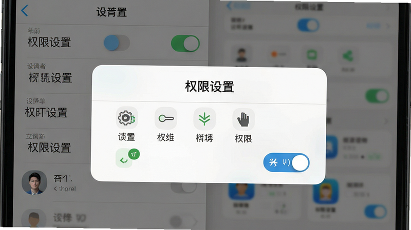 主体为手机设置界面与APP权限管理弹窗,布局上下分层展示,排版简洁直观,风格为系统原生UI风格,细节包含开关按钮与权限图标,画质清晰,干净无多余元素,文字标注“权限设置”